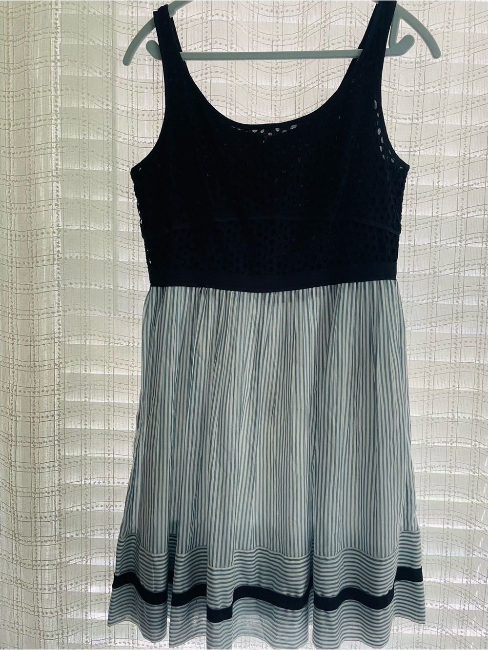 LOFT Navy Lace-Bodice Stripe Mini Dress